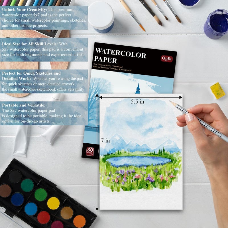 Ogfu Watercolor Paper 5x7, Small Watercolor Sketchbook, 30 Sheets (60pages) 140 lb Cold Press Water Color Paper, 300gsm Paper for Water Color Paint, Watercolor Art Supplies for Adults & Beginners. - Image 5